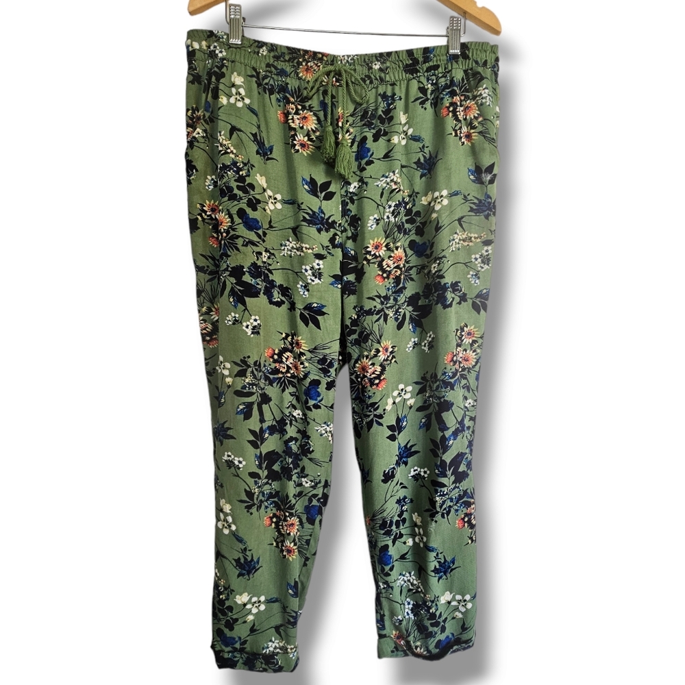 Vintage American Pants Womens Size L‎ Green Floral Elastic Tie Waist Flowy Ankle